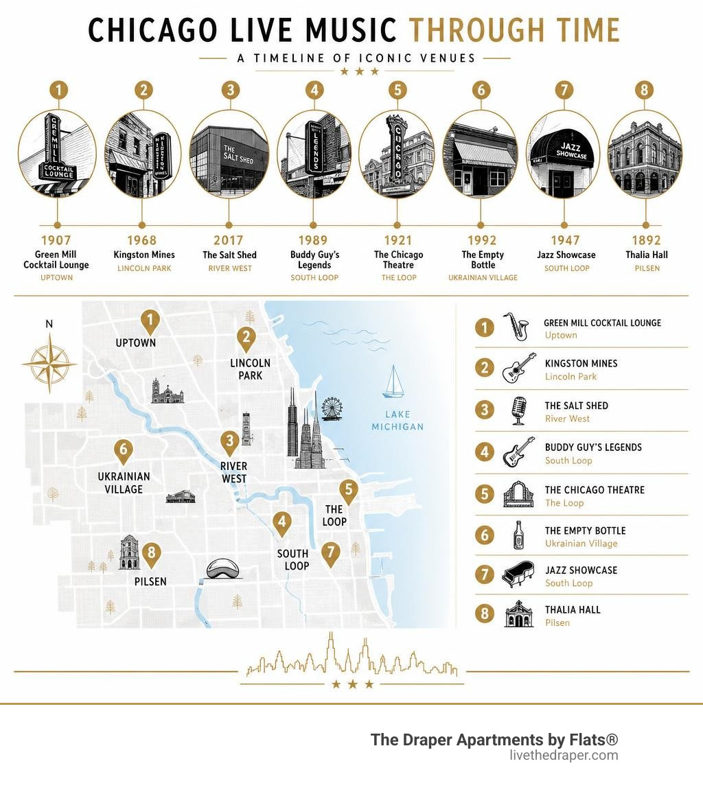 Chicago live music venues timeline and neighborhood map infographic infographic