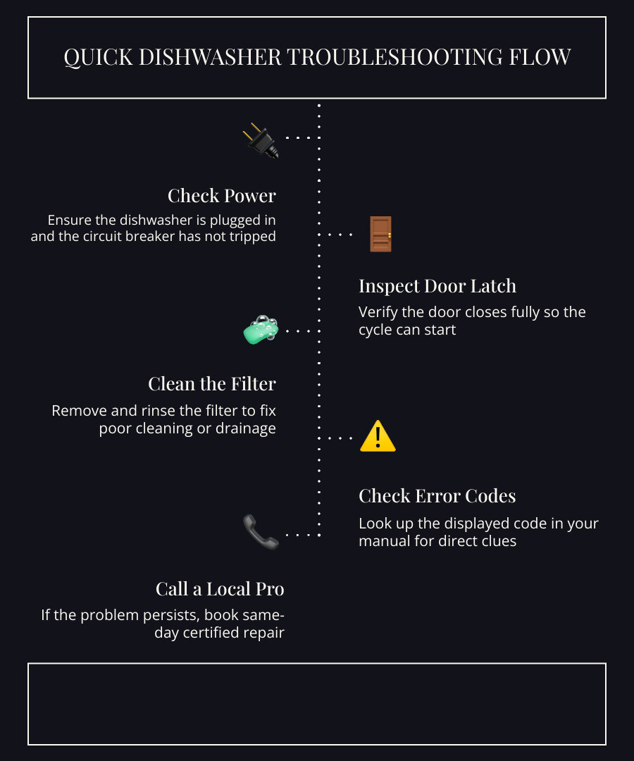 Quick dishwasher troubleshooting flow from DIY checks to calling a local repair technician infographic Quick dishwasher troubleshooting flow from DIY checks to calling a local repair technician infographic