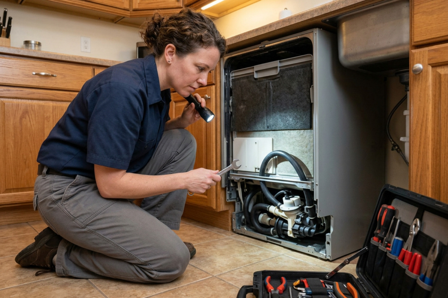technician inspecting a dishwasher pump and drainage system technician inspecting a dishwasher pump and drainage system