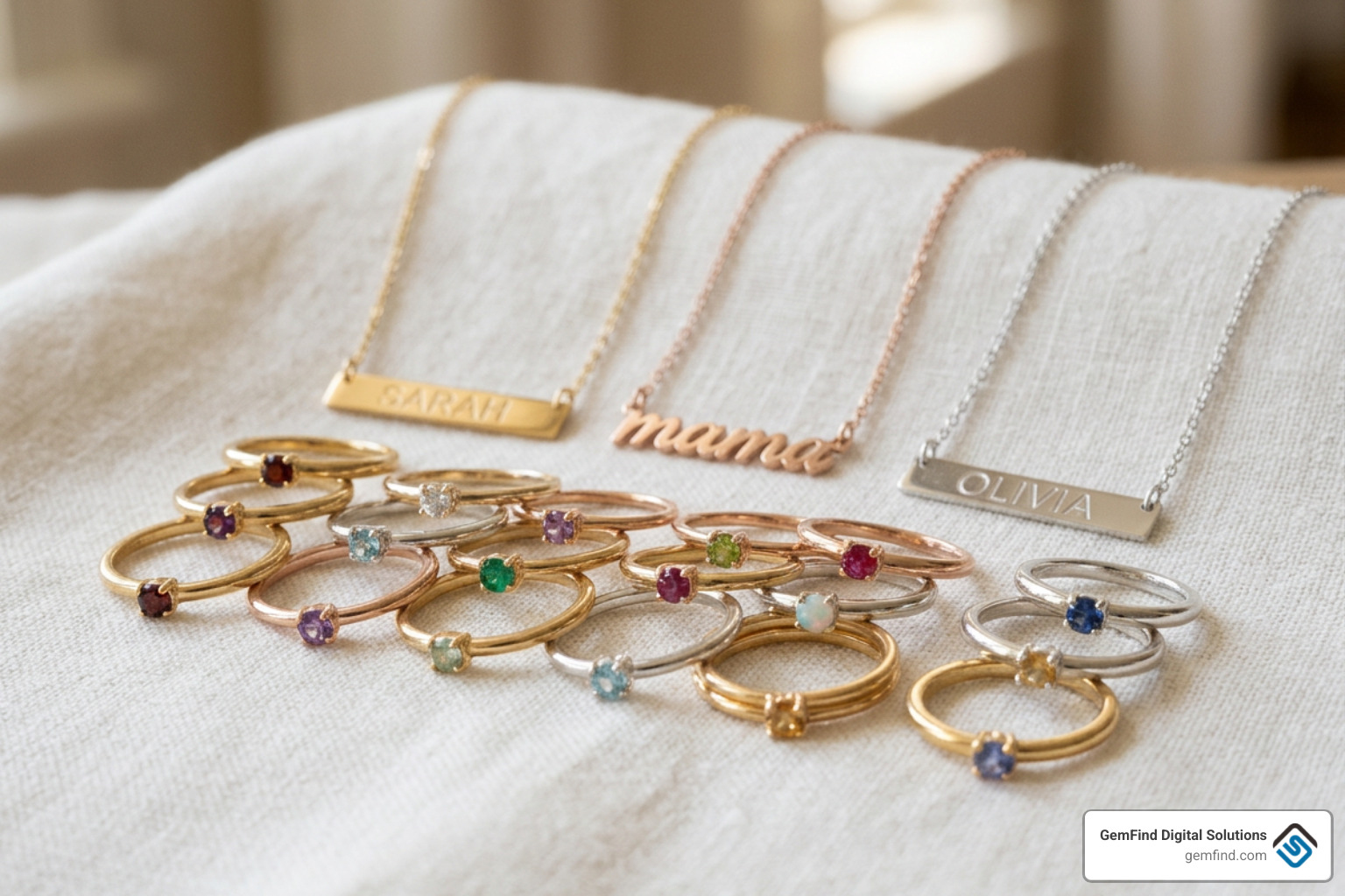 Stackable birthstone rings and nameplate necklaces