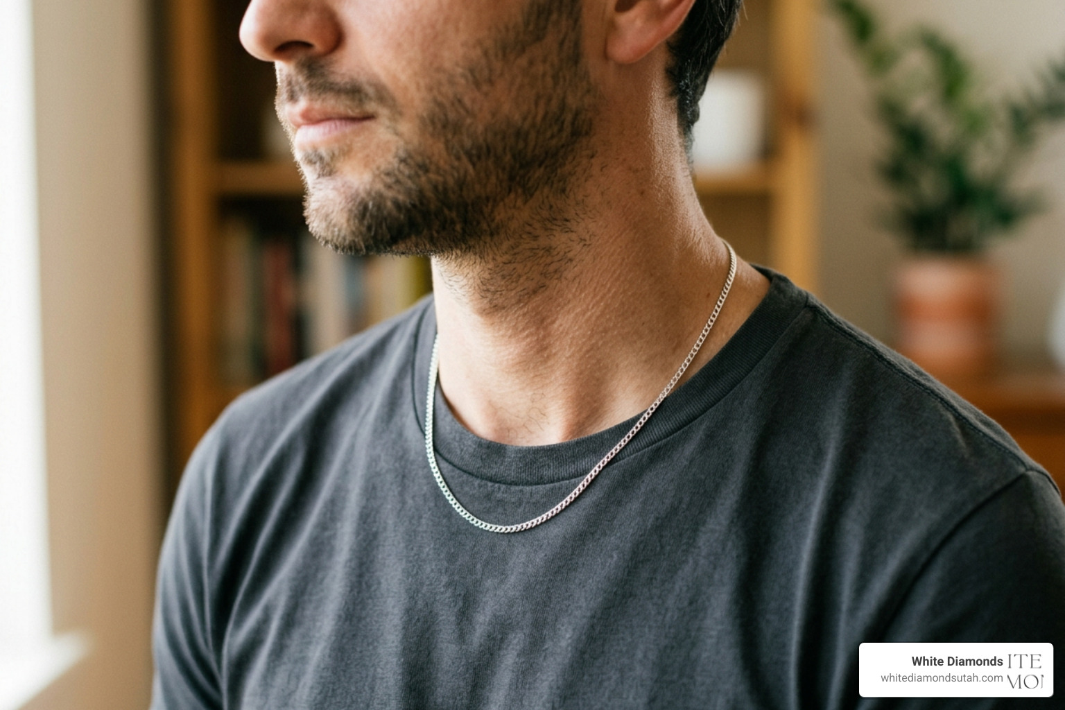 A close-up of a 16-inch silver chain sitting snug at the base of a man's neck A close-up of a 16-inch silver chain sitting snug at the base of a man's neck