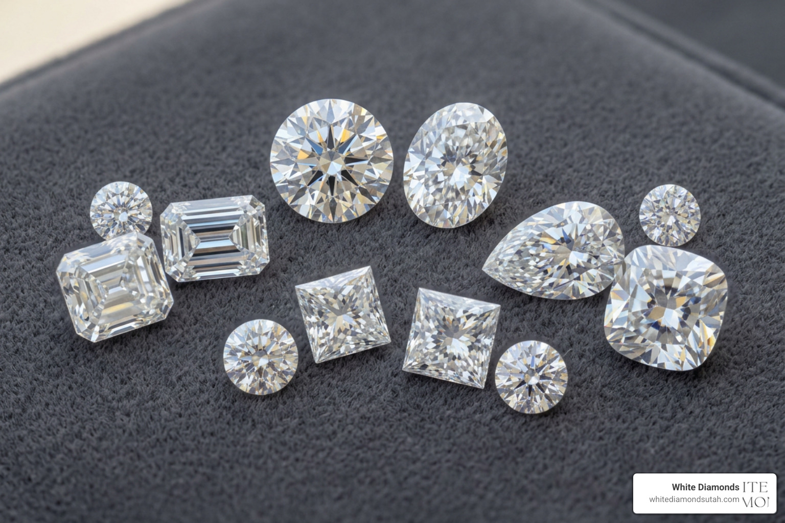An array of different diamond shapes: round, oval, emerald, cushion, pear, and radiant An array of different diamond shapes: round, oval, emerald, cushion, pear, and radiant