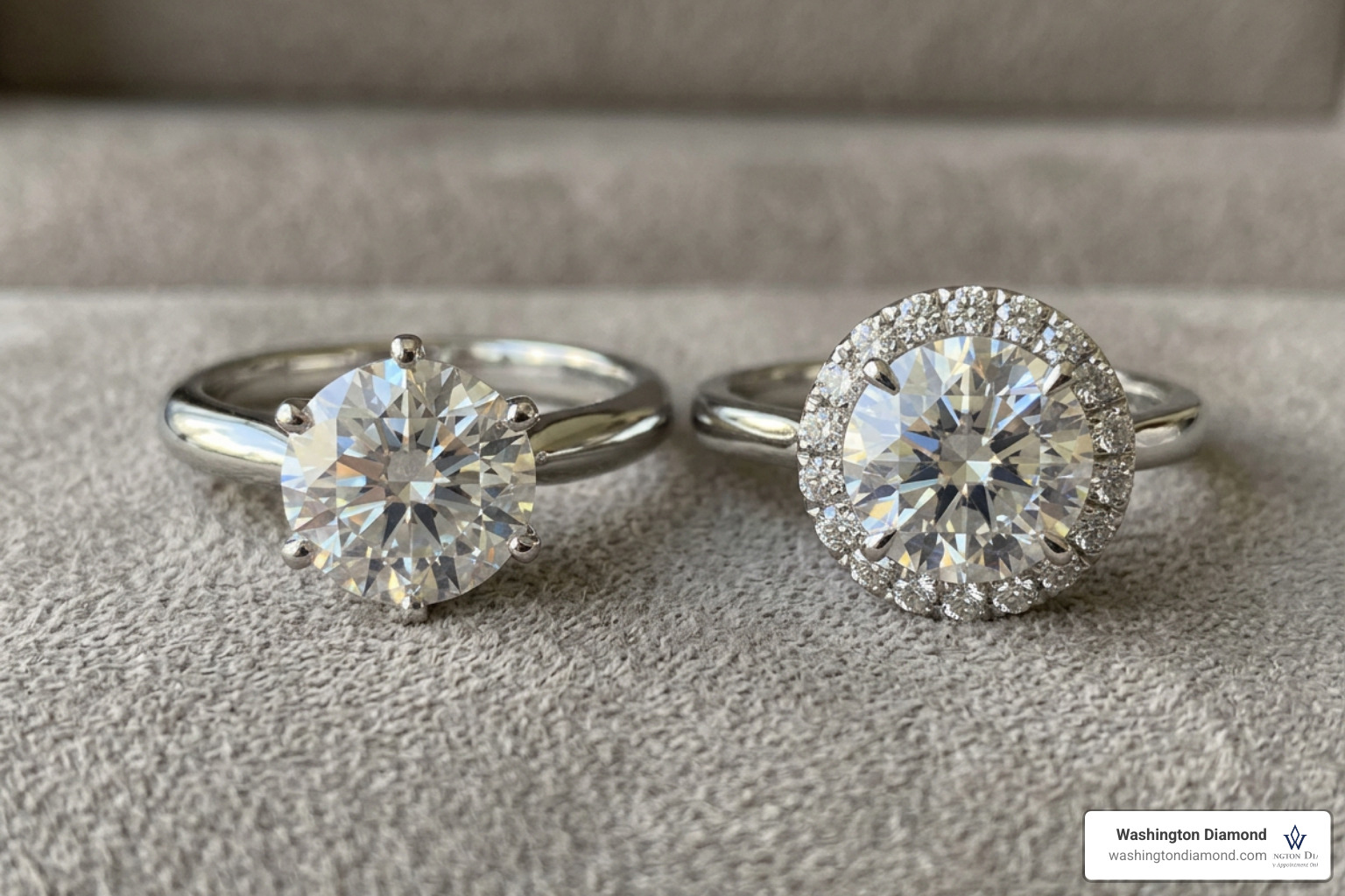 A comparison of a 1 carat round diamond in a halo setting versus a classic solitaire setting