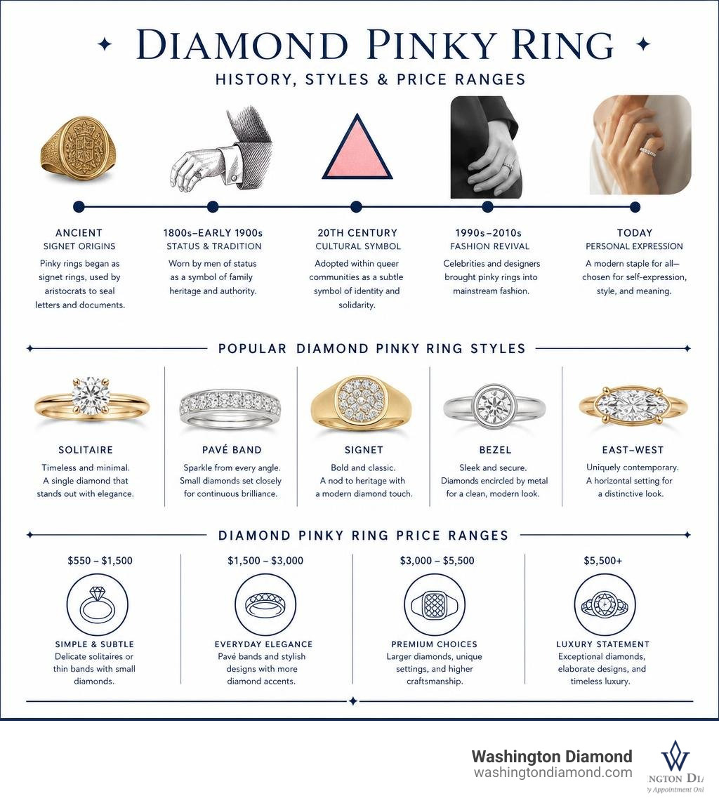 Infographic showing diamond pinky ring history, styles, and price ranges infographic