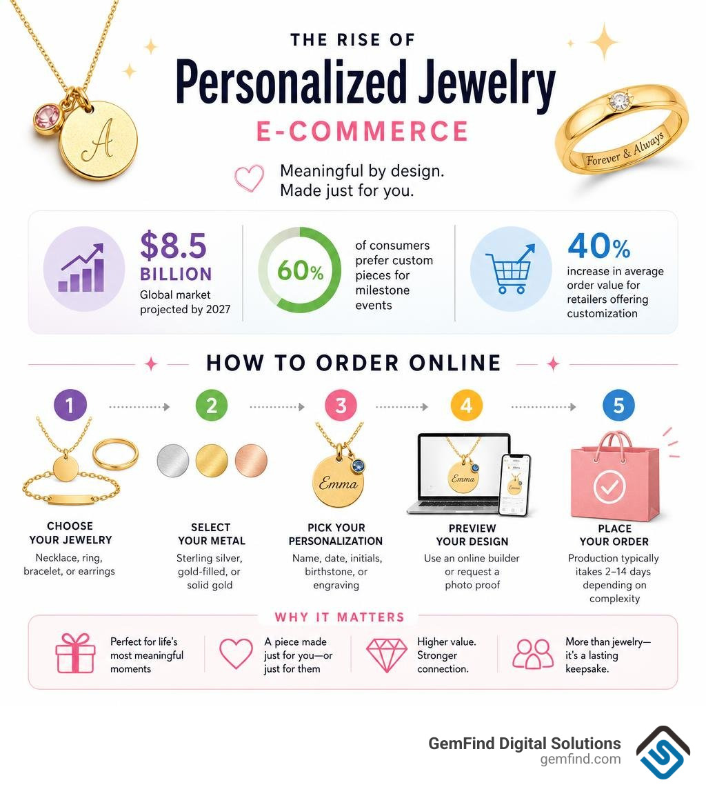 Infographic showing the rise of personalized jewelry e-commerce, key stats, and how to order online infographic