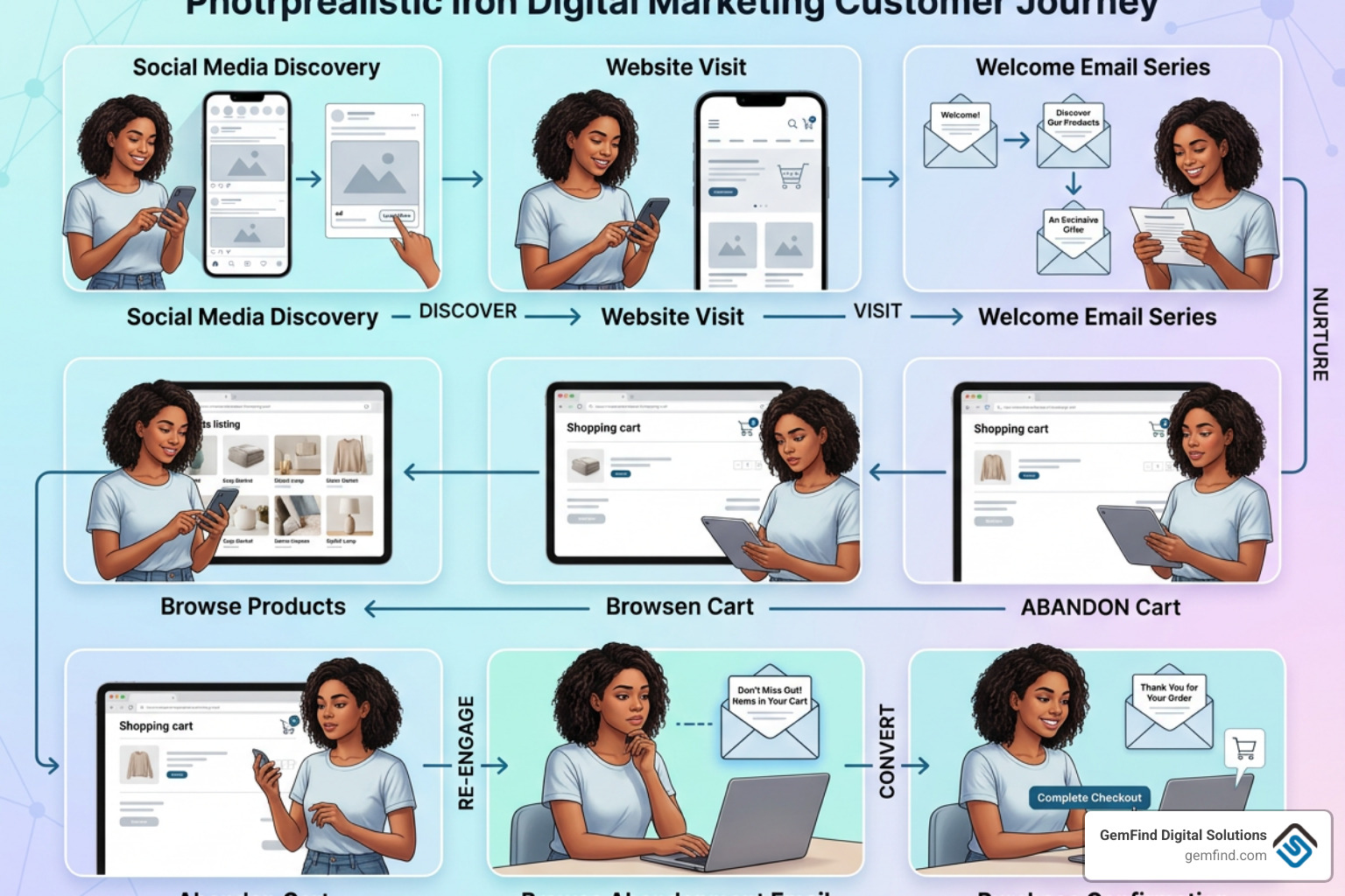 A diagram showing the customer journey from social media ad to email welcome series, browse abandonment, and checkout A diagram showing the customer journey from social media ad to email welcome series, browse abandonment, and checkout