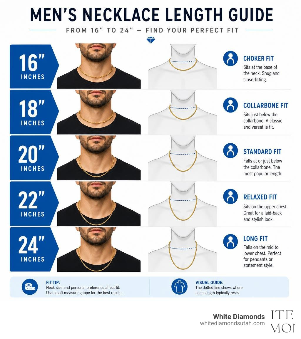 Infographic showing men's necklace lengths from 16 to 24 inches with fit descriptions infographic Infographic showing men's necklace lengths from 16 to 24 inches with fit descriptions infographic