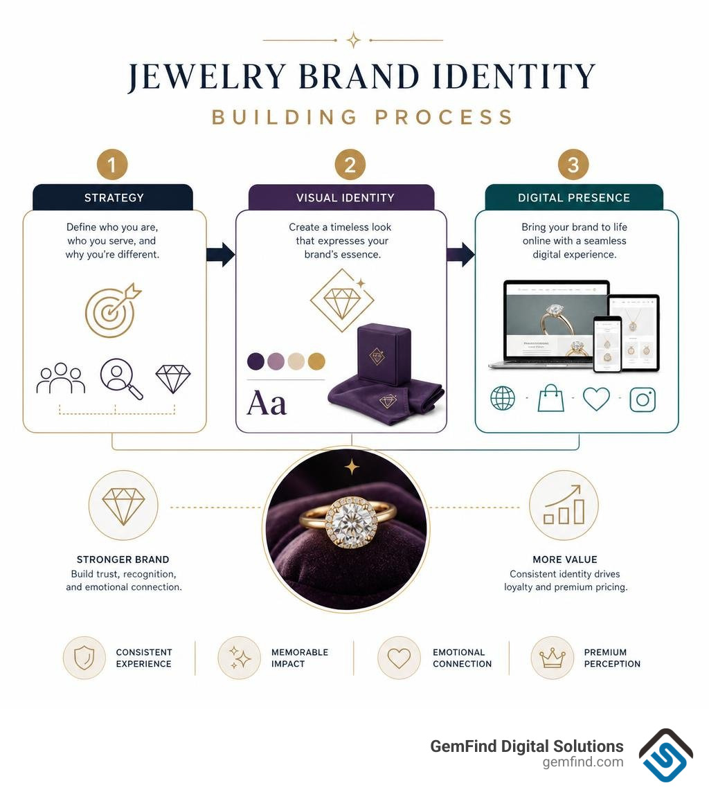 Jewelry brand identity building process from strategy to visual identity to digital presence infographic