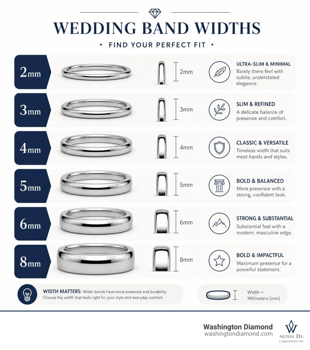 Infographic showing wedding band widths from 2mm to 8mm with descriptions for each infographic