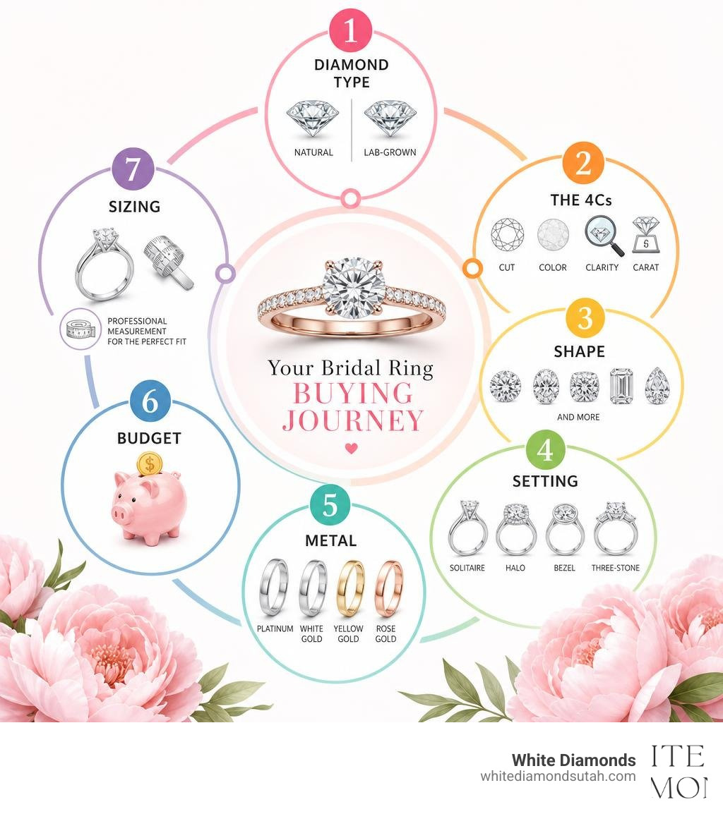 Bridal ring buying journey infographic: diamond type, 4Cs, shape, setting, metal, budget, sizing infographic Bridal ring buying journey infographic: diamond type, 4Cs, shape, setting, metal, budget, sizing infographic