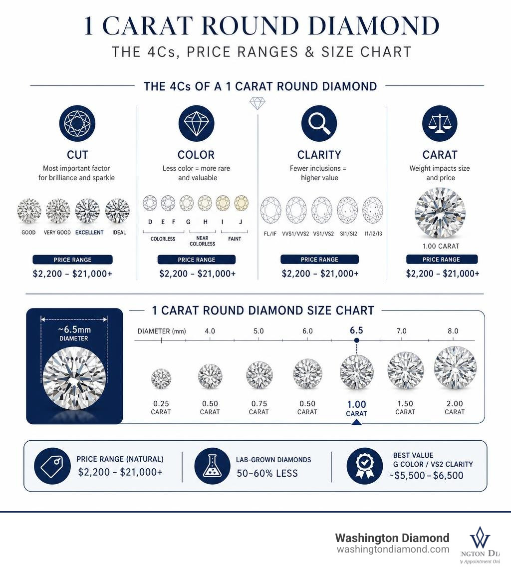 Infographic showing the 4Cs of a 1 carat round diamond with price ranges and size chart infographic