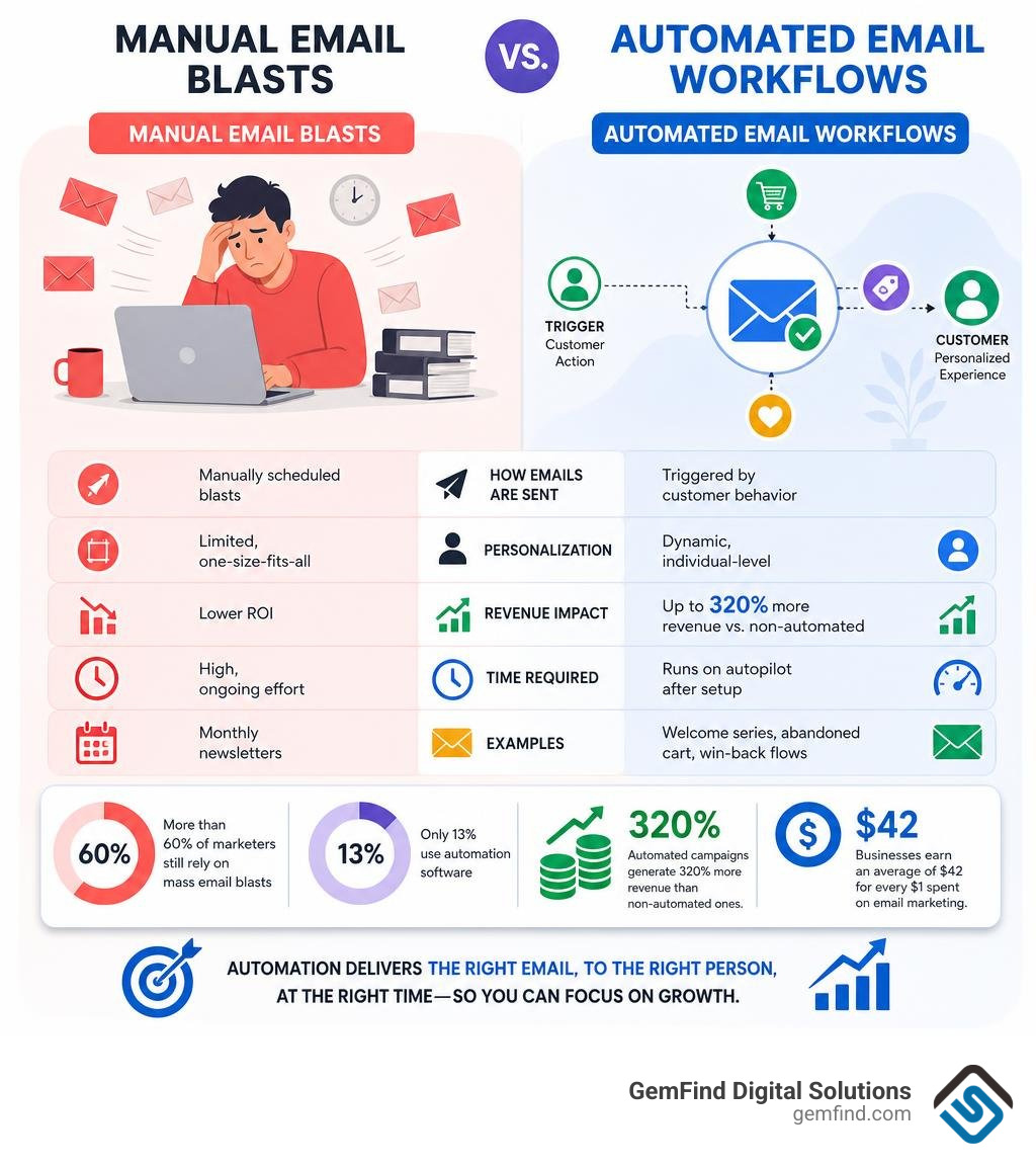Infographic comparing manual email blasts versus automated email workflows with key stats and benefits infographic Infographic comparing manual email blasts versus automated email workflows with key stats and benefits infographic