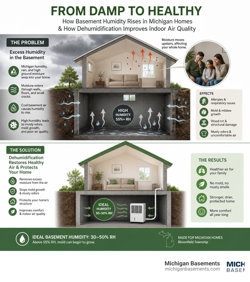 Infographic showing how basement humidity rises in Michigan homes and how dehumidification improves indoor air quality