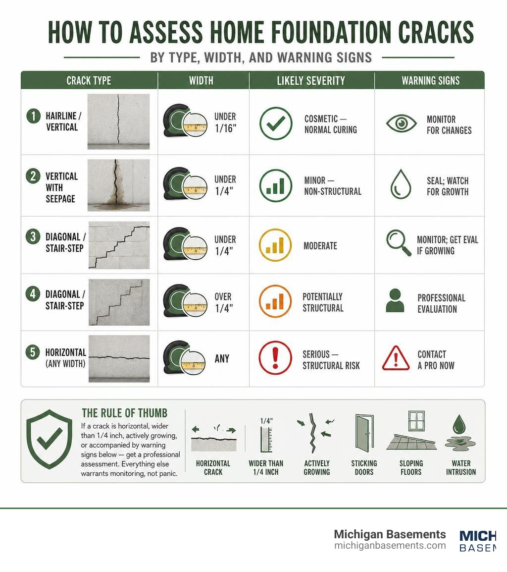 Infographic showing how to assess home foundation crack severity by type, width, and warning signs infographic Infographic showing how to assess home foundation crack severity by type, width, and warning signs infographic