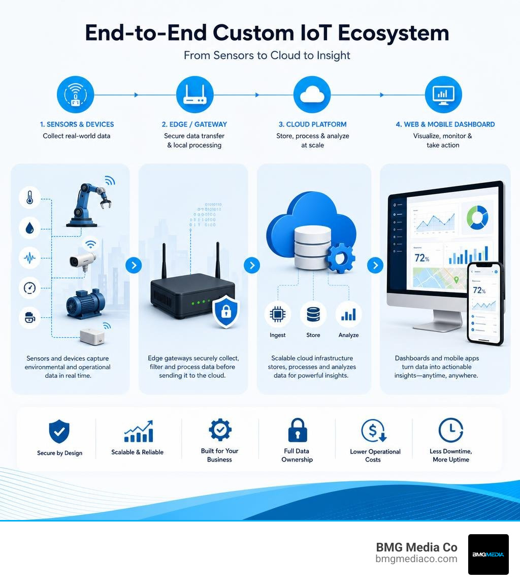 End-to-end custom IoT ecosystem from sensors to cloud to dashboard infographic infographic