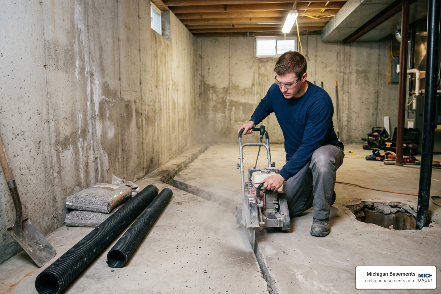Technician installing an interior drainage system in a wet basement