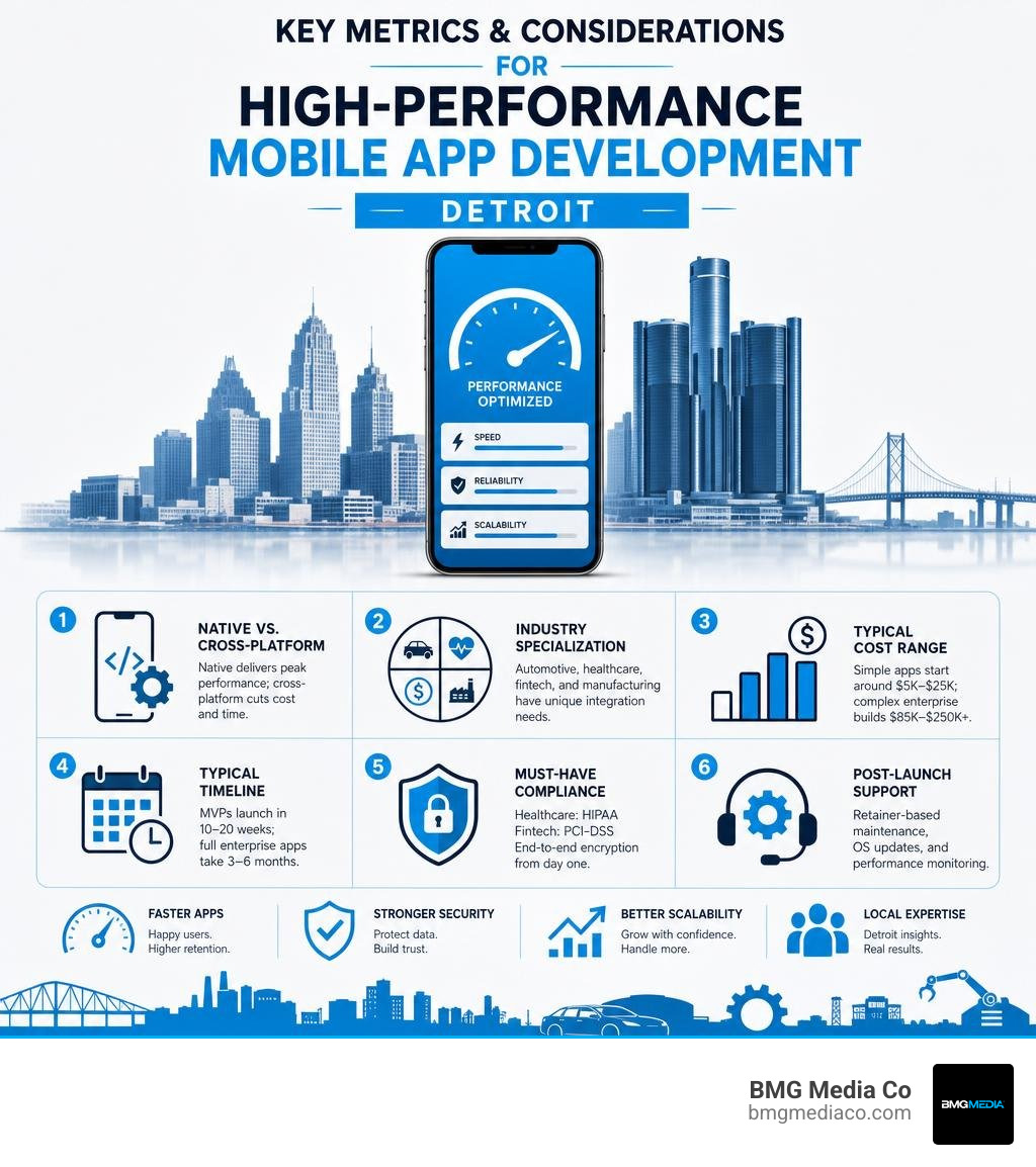 Key metrics and considerations for high-performance mobile app development in Detroit infographic