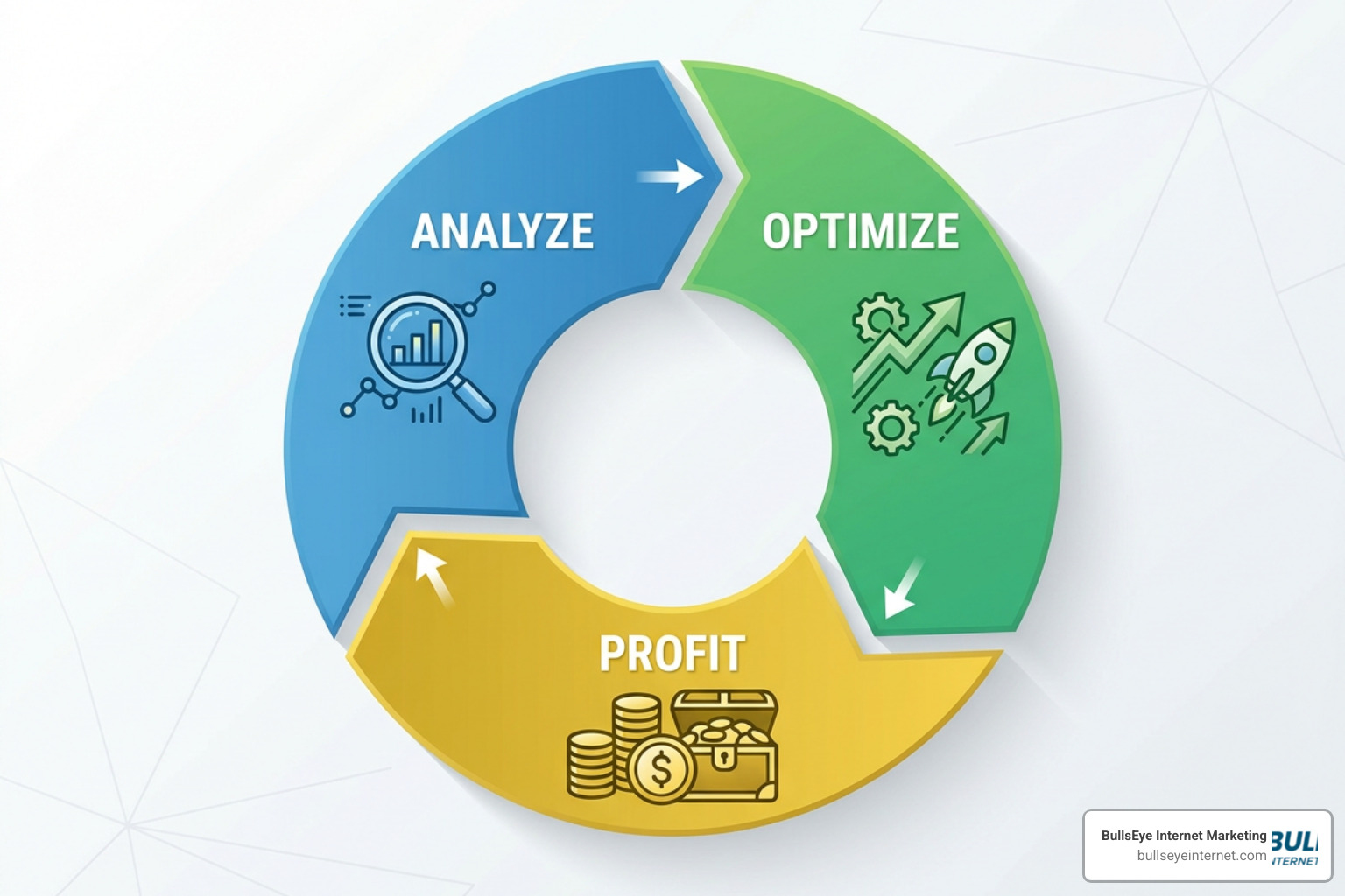 Three-step CRO process cycle: Analyze, Optimize, Profit diagram Three-step CRO process cycle: Analyze, Optimize, Profit diagram