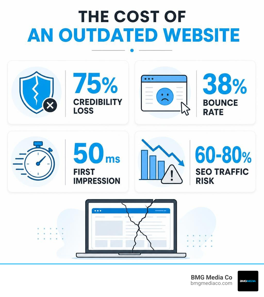 Infographic showing the cost of an outdated website: 75% credibility loss, 38% bounce rate, 50ms first impression, 60-80%