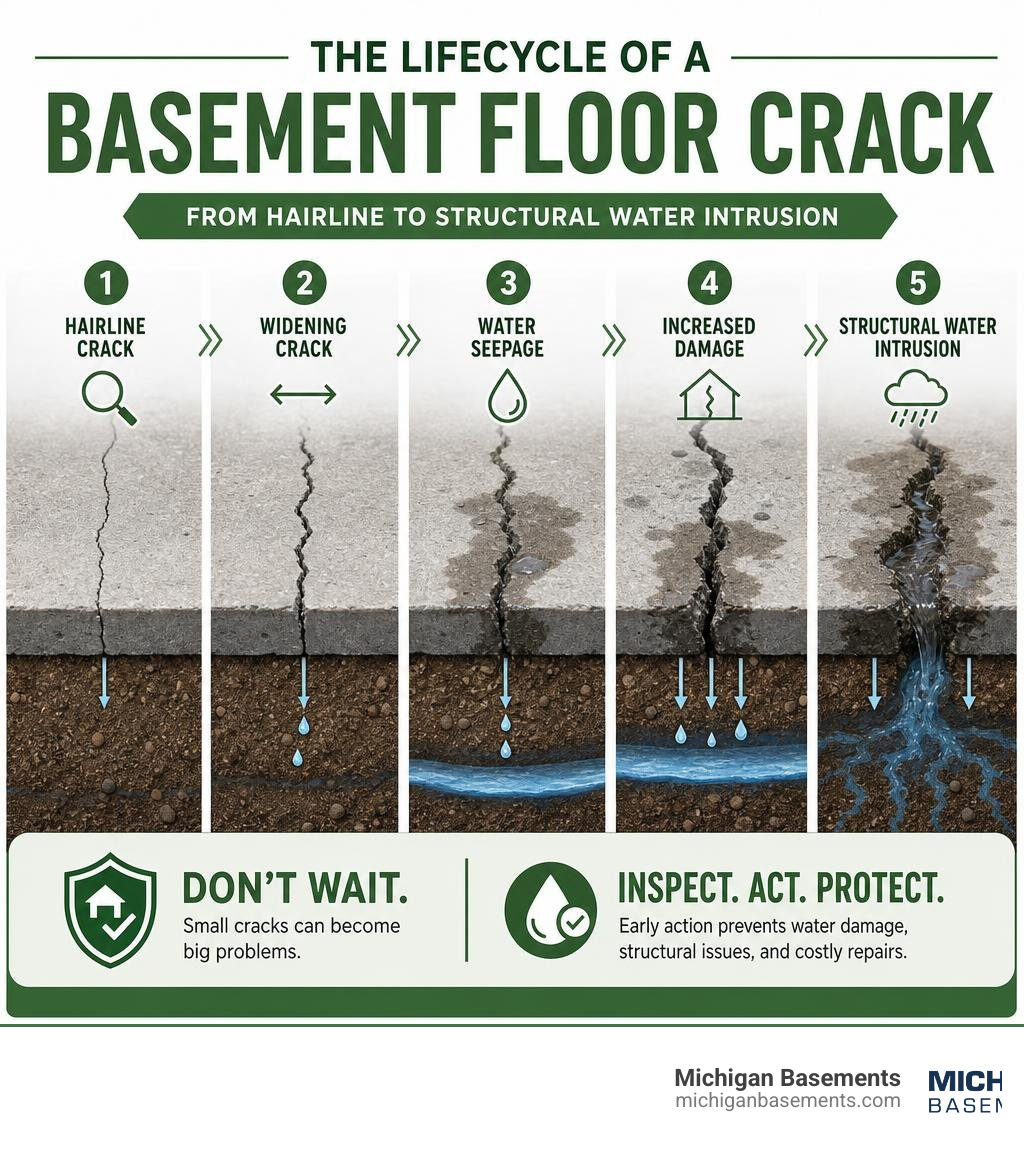 Lifecycle of a basement floor crack from hairline to structural water intrusion infographic