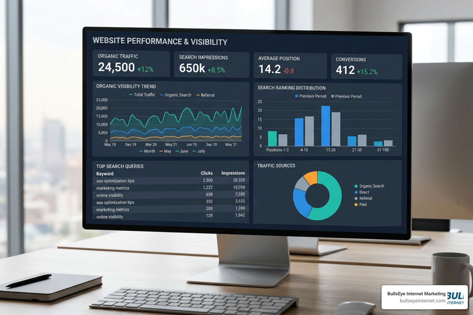 A modern dashboard displaying website performance metrics and search visibility comparison charts A modern dashboard displaying website performance metrics and search visibility comparison charts