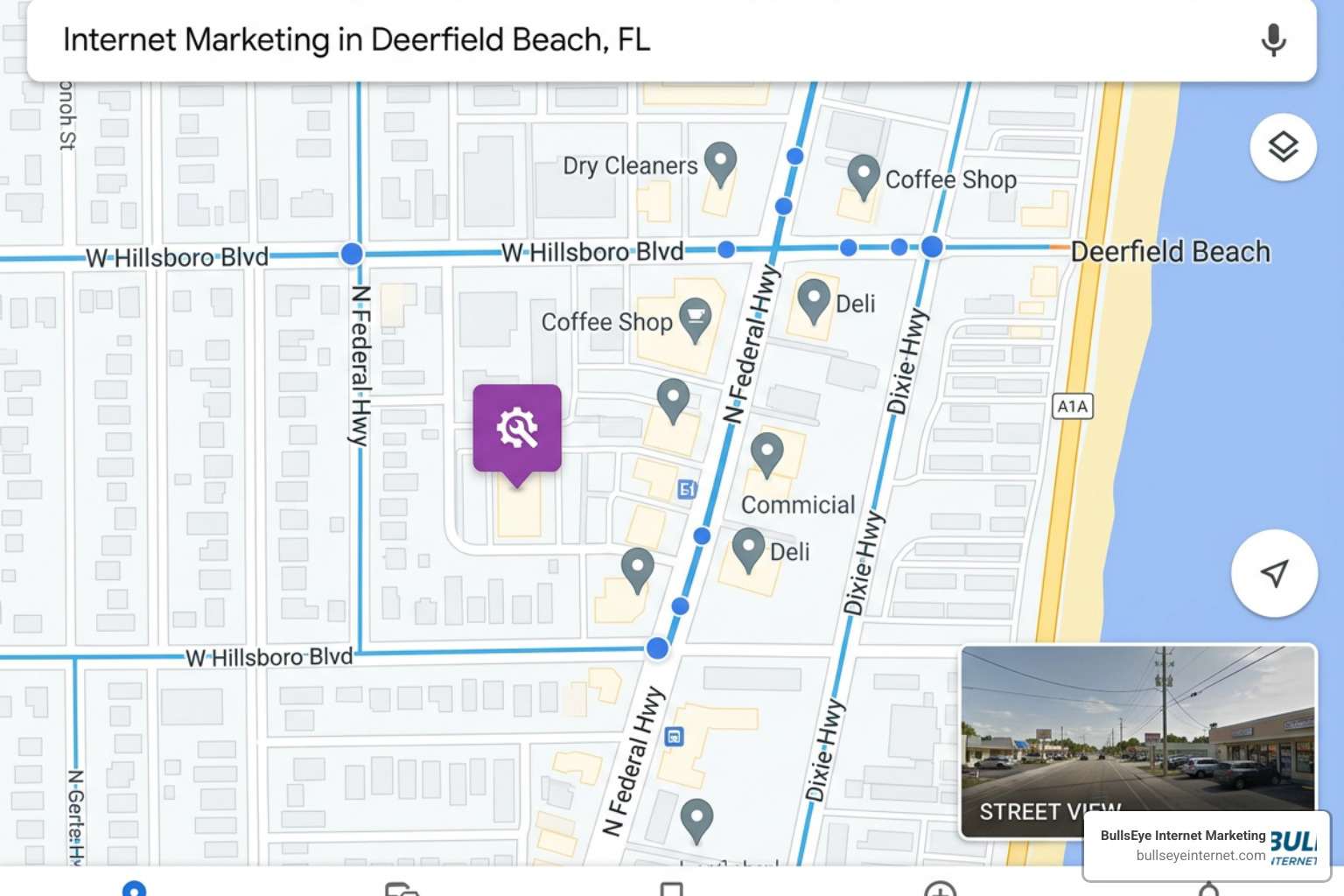 Google Maps view highlighting Deerfield Beach, Florida area with local business locations and Bullseye Internet