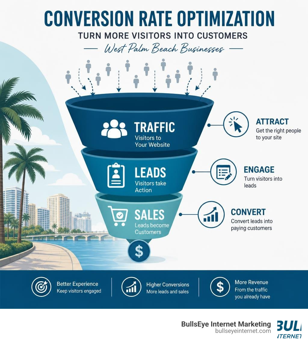 Conversion rate optimization funnel showing traffic, leads, and sales stages for West Palm Beach businesses infographic Conversion rate optimization funnel showing traffic, leads, and sales stages for West Palm Beach businesses infographic