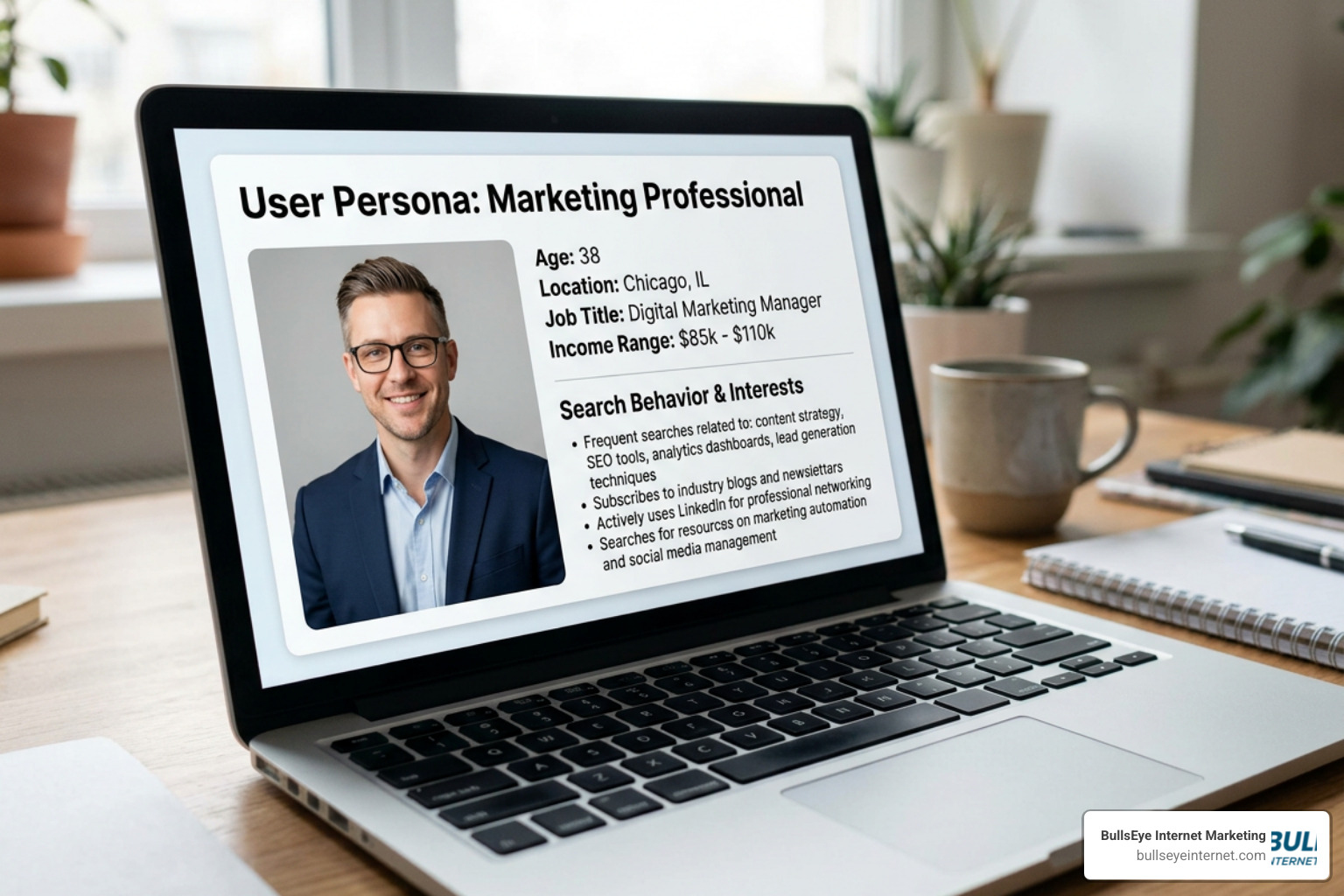 An interactive user persona card displaying target audience demographics and search behavior An interactive user persona card displaying target audience demographics and search behavior