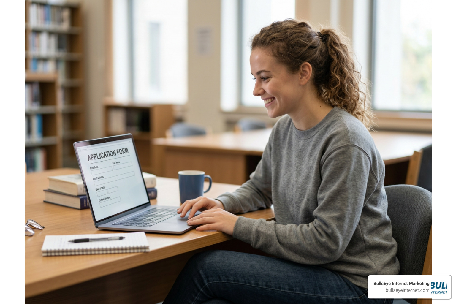 A student smiling while looking at a laptop, ready to fill out an application form A student smiling while looking at a laptop, ready to fill out an application form