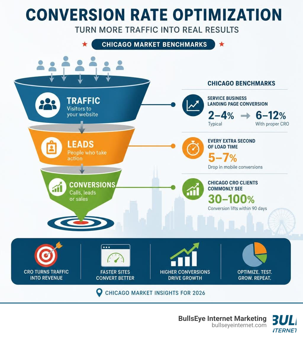 Conversion rate optimization funnel showing traffic, leads, and conversions with Chicago market benchmarks infographic Conversion rate optimization funnel showing traffic, leads, and conversions with Chicago market benchmarks infographic