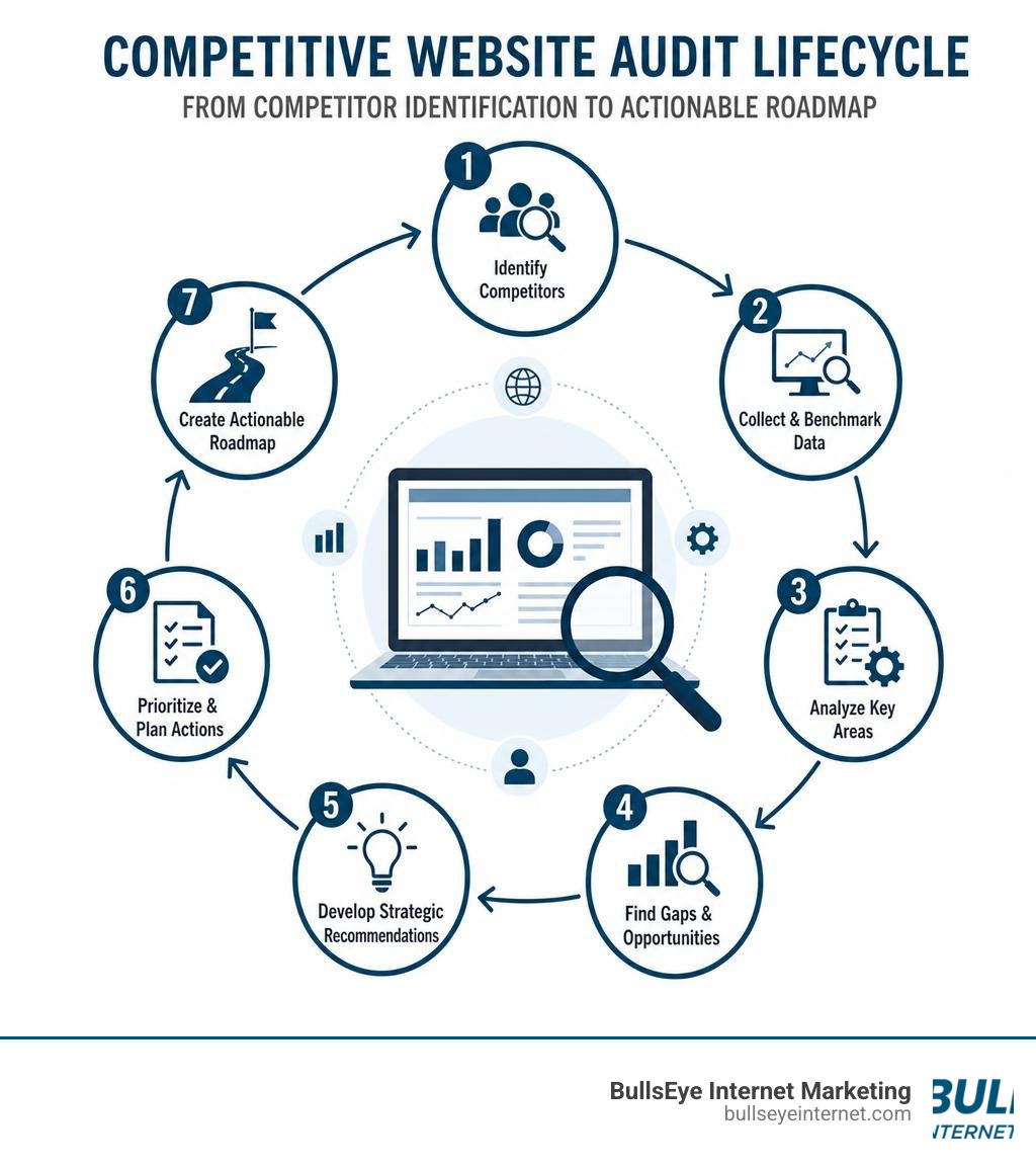Steps of the competitive website audit lifecycle from competitor identification to actionable roadmap infographic Steps of the competitive website audit lifecycle from competitor identification to actionable roadmap infographic