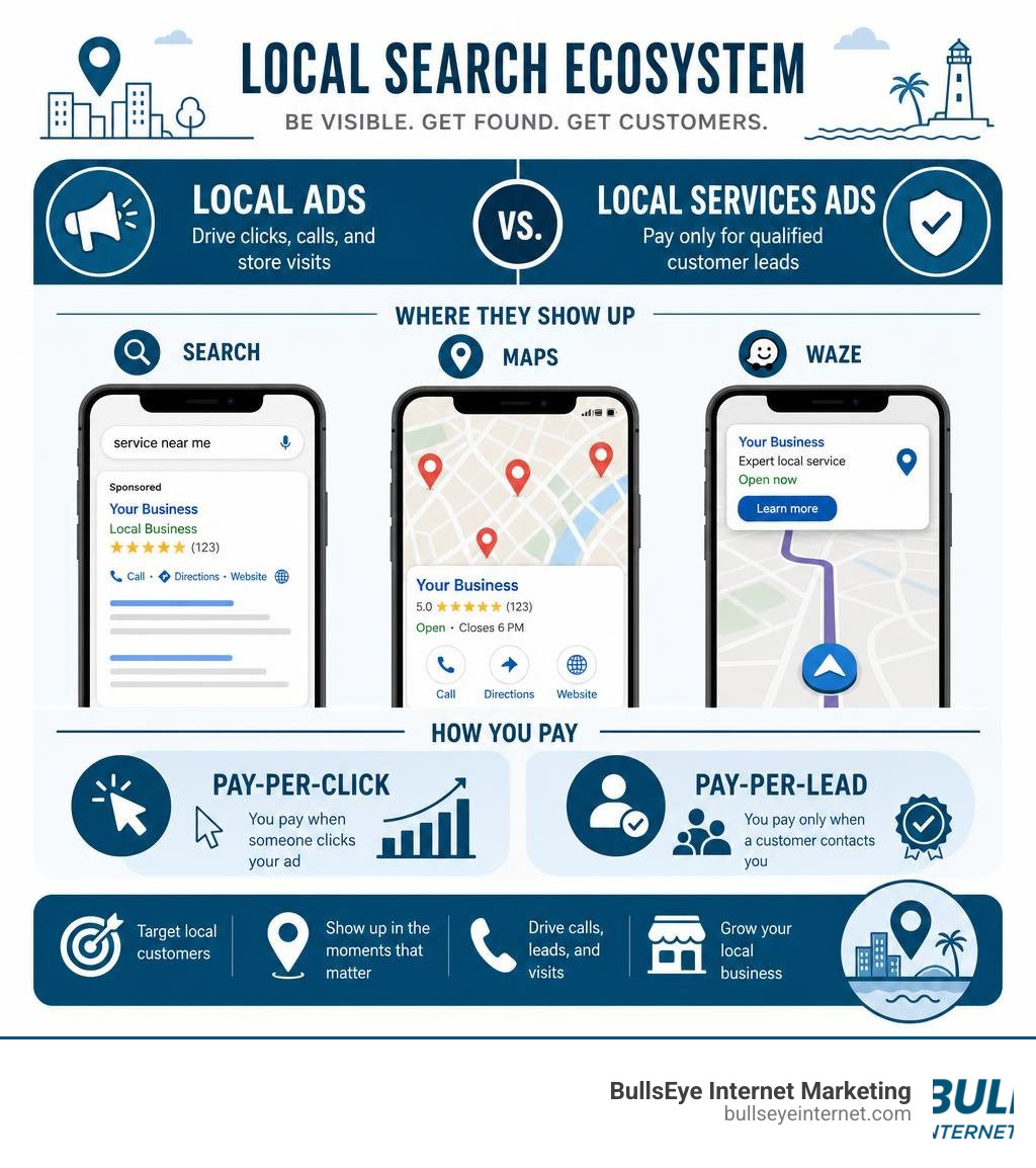 Local search ecosystem illustrating Local Ads versus Local Services Ads, Google Search, Maps, and Waze