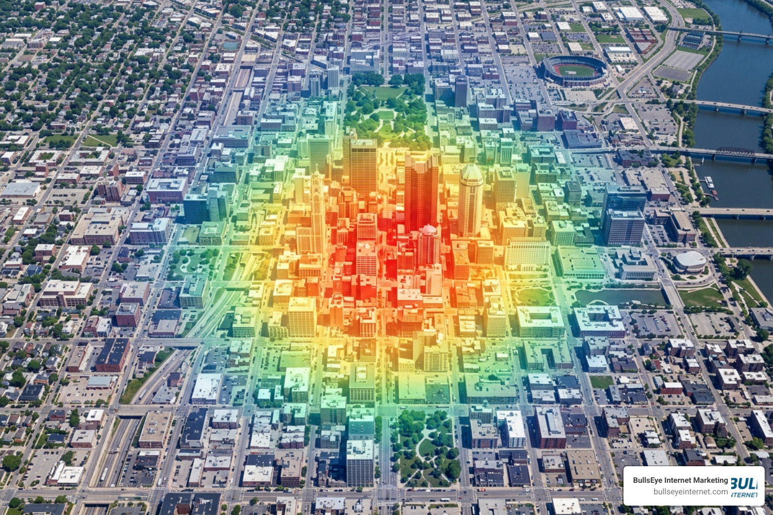 Heatmap visualization of city highlighting local search radius for Google Maps SEO.