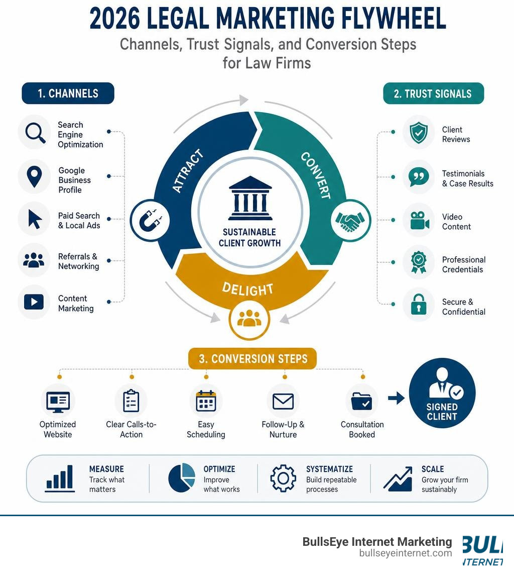 2026 legal marketing flywheel showing channels, trust signals, and conversion steps for law firms infographic 2026 legal marketing flywheel illustrating channels, trust signals, and conversion steps for law firms.