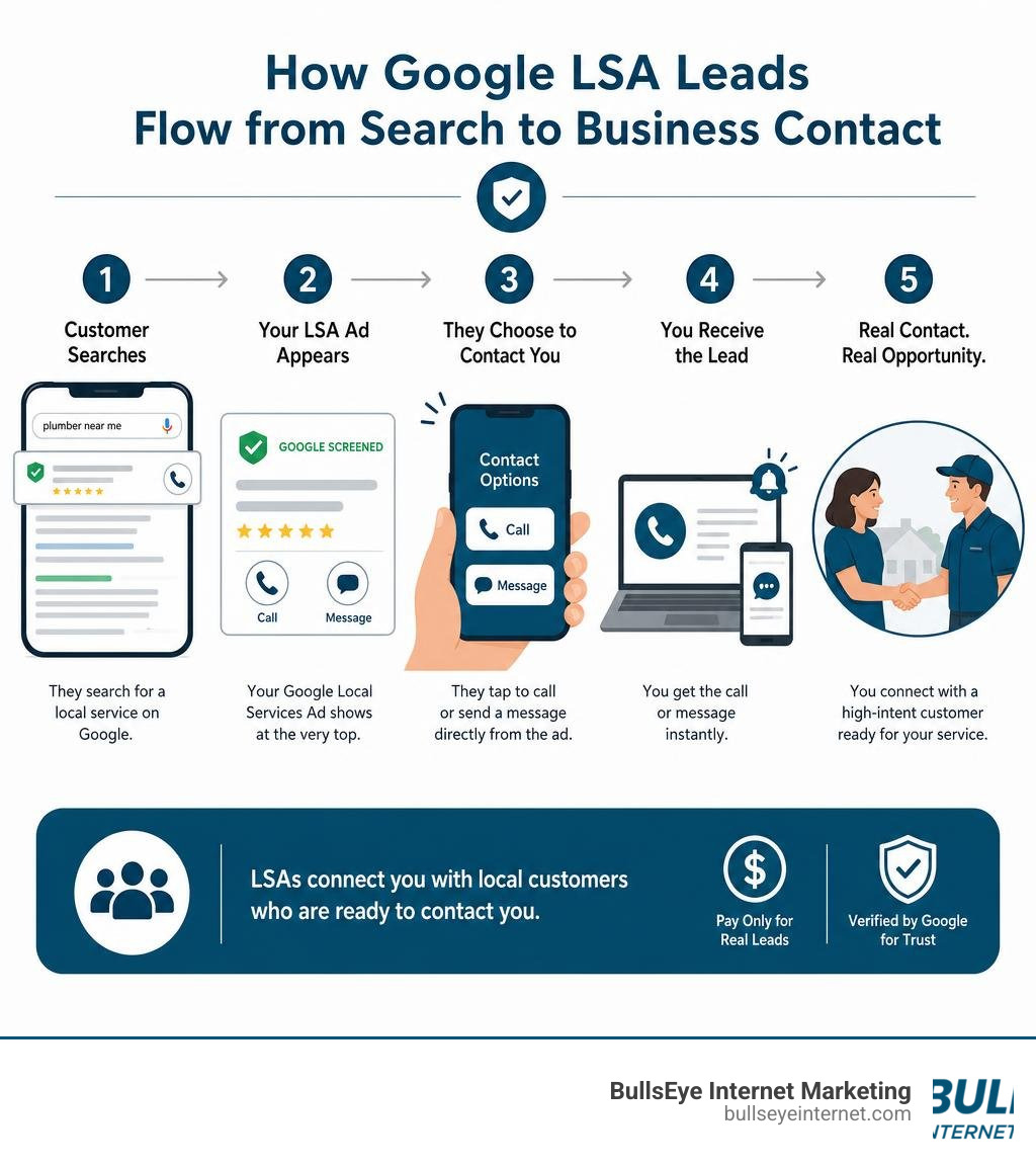 Google Local Services Ads flow from customer search to business lead contact.