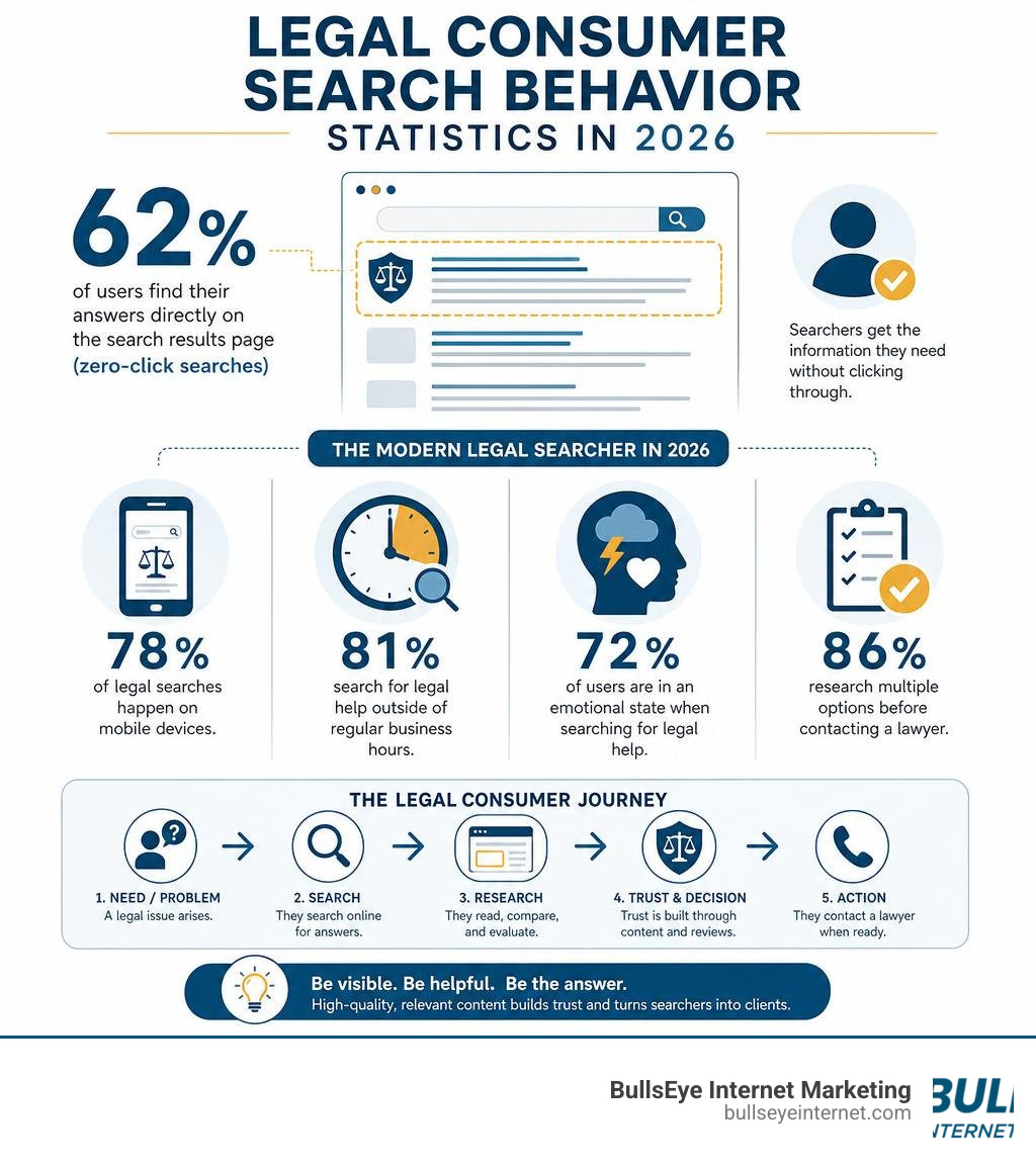 legal consumer search behavior statistics in 2026 infographic Legal consumer search statistics behavior infographic illustrating 2026 trends and the modern legal searcher journey.