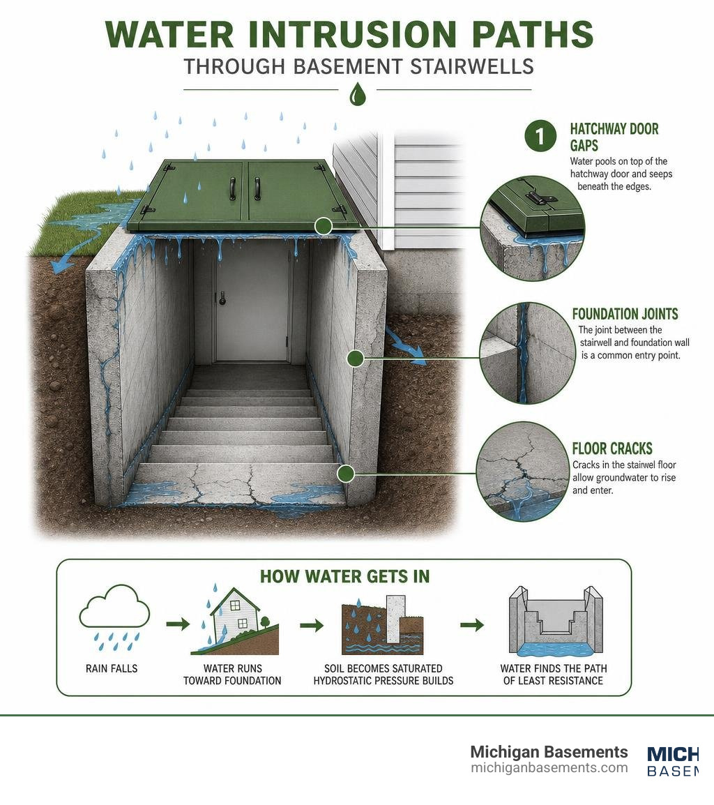 infographic showing water intrusion paths through basement stairwells including hatchway doors, foundation joints, and floor