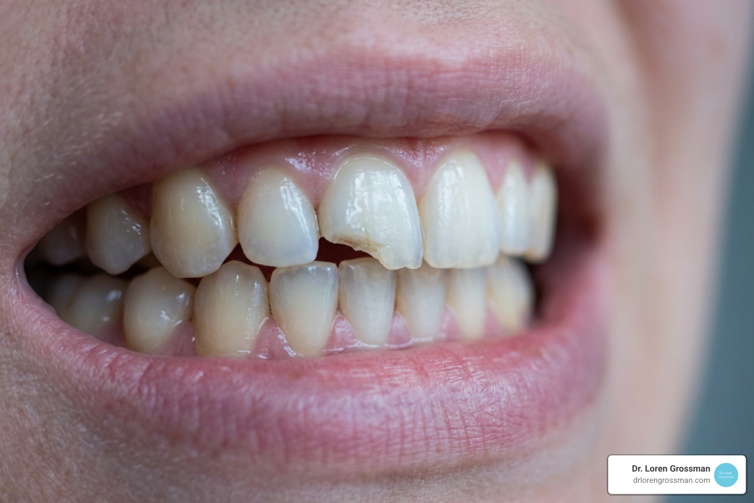 A close-up of a chipped front tooth requiring emergency repair