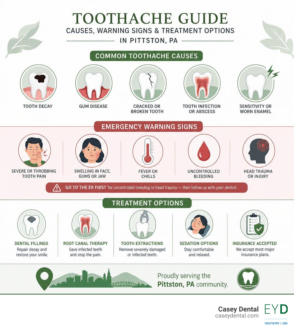 Infographic showing common toothache causes, emergency warning signs, and treatment options in Pittston PA infographic