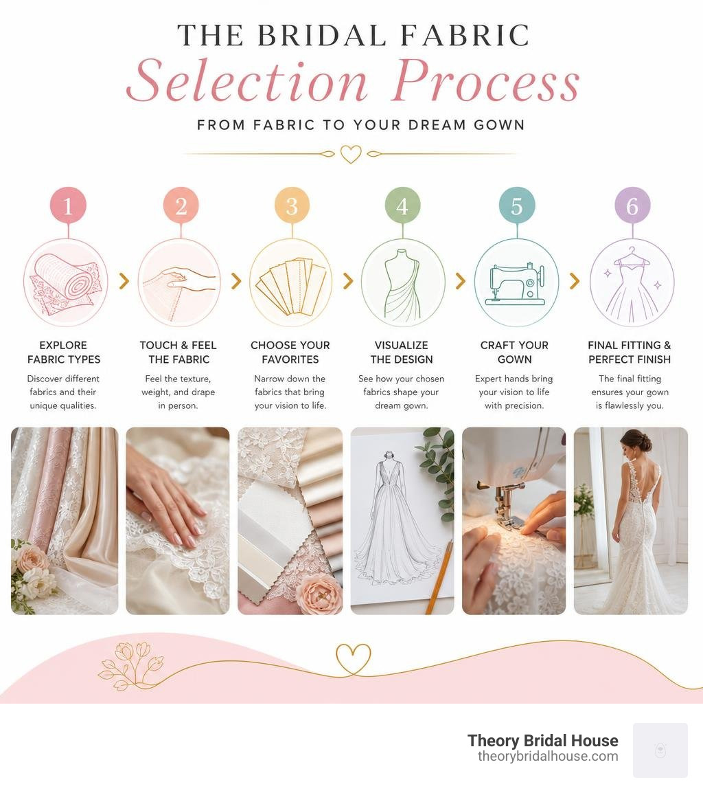 Bridal fabric selection process infographic showing steps from fabric type to final gown fitting infographic