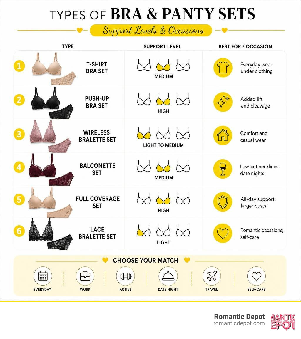 Infographic showing types of bra and panty sets with support levels and occasions infographic Infographic showing types of bra and panty sets with support levels and occasions infographic
