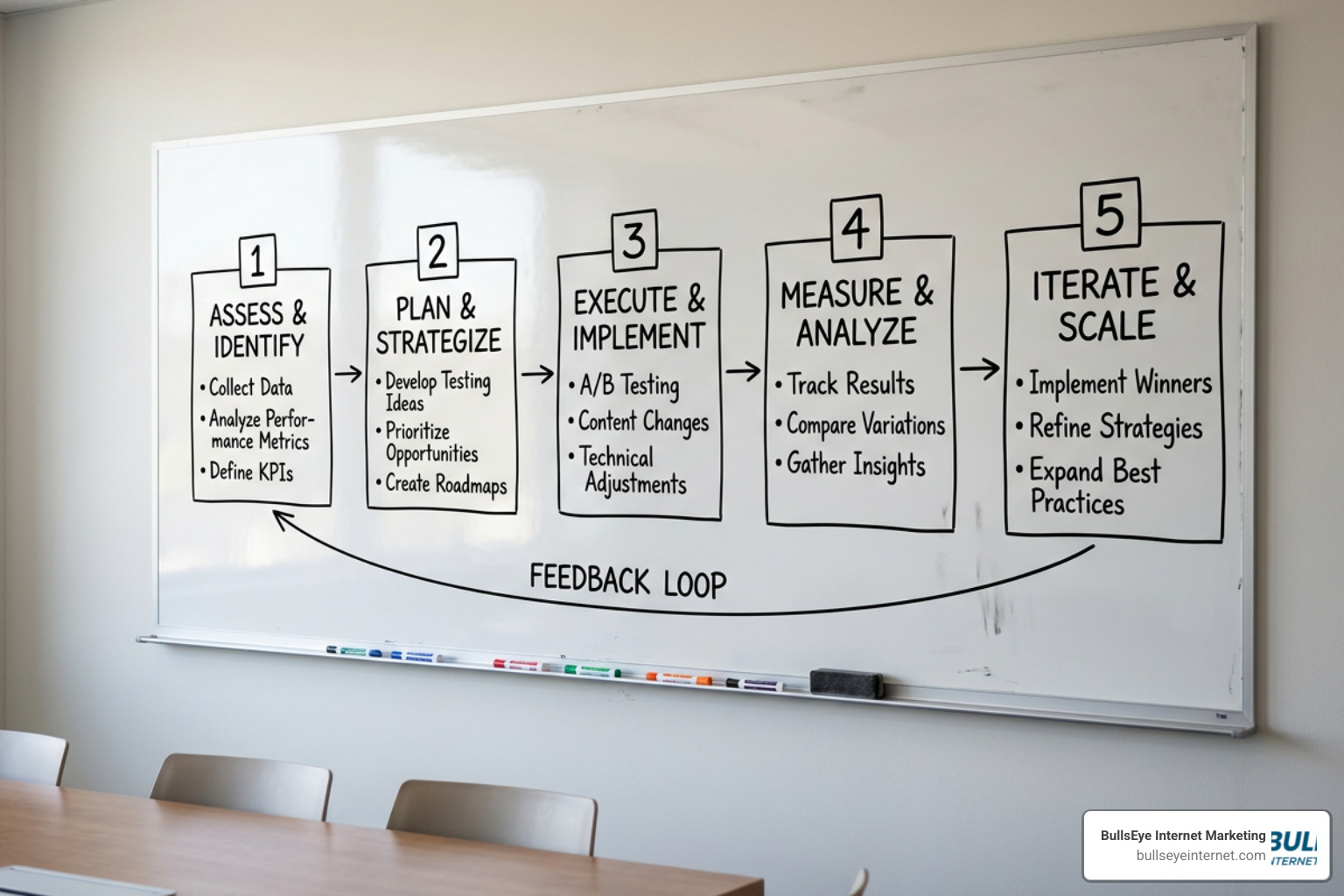 Whiteboard diagram illustrating a 5-step GEO framework: Assess, Plan & Develop, Execute & A/B Testing,