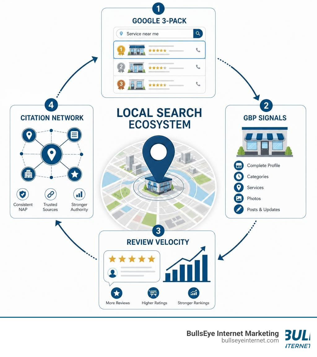 Google Maps 3-Pack infographic illustrating local search ecosystem and BullsEye Internet Marketing services.
