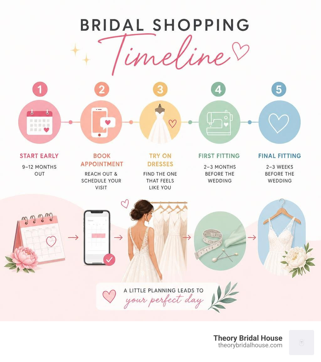 Bridal shopping timeline infographic: start 9-12 months out, book appointments, try dresses, fittings at 2-3 months and 2-3
