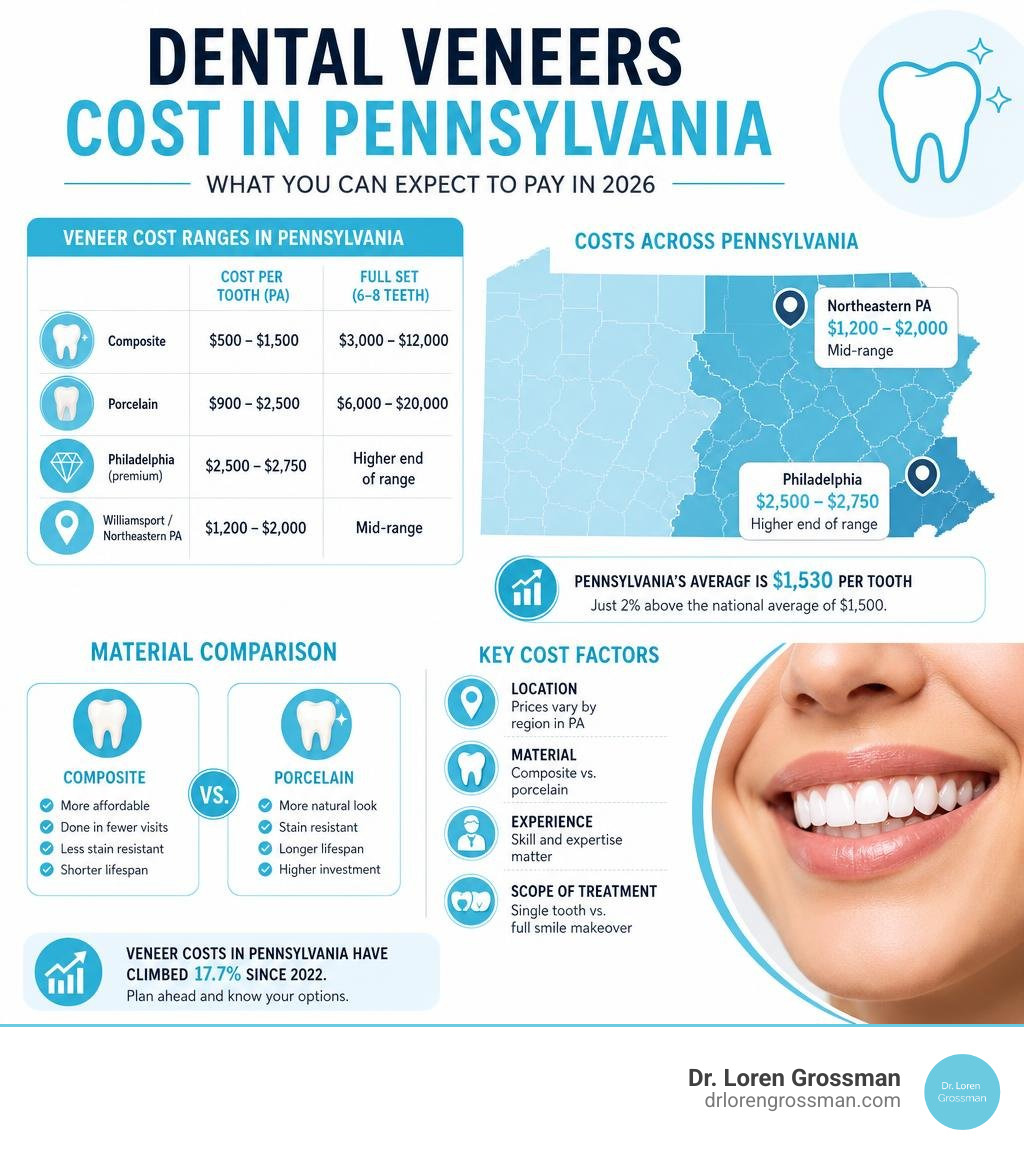 Infographic showing Pennsylvania veneer cost ranges, material comparison, and key cost factors infographic Infographic showing Pennsylvania veneer cost ranges, material comparison, and key cost factors infographic