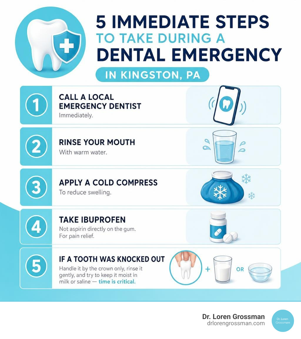 Infographic showing 5 immediate steps to take during a dental emergency in Kingston PA infographic