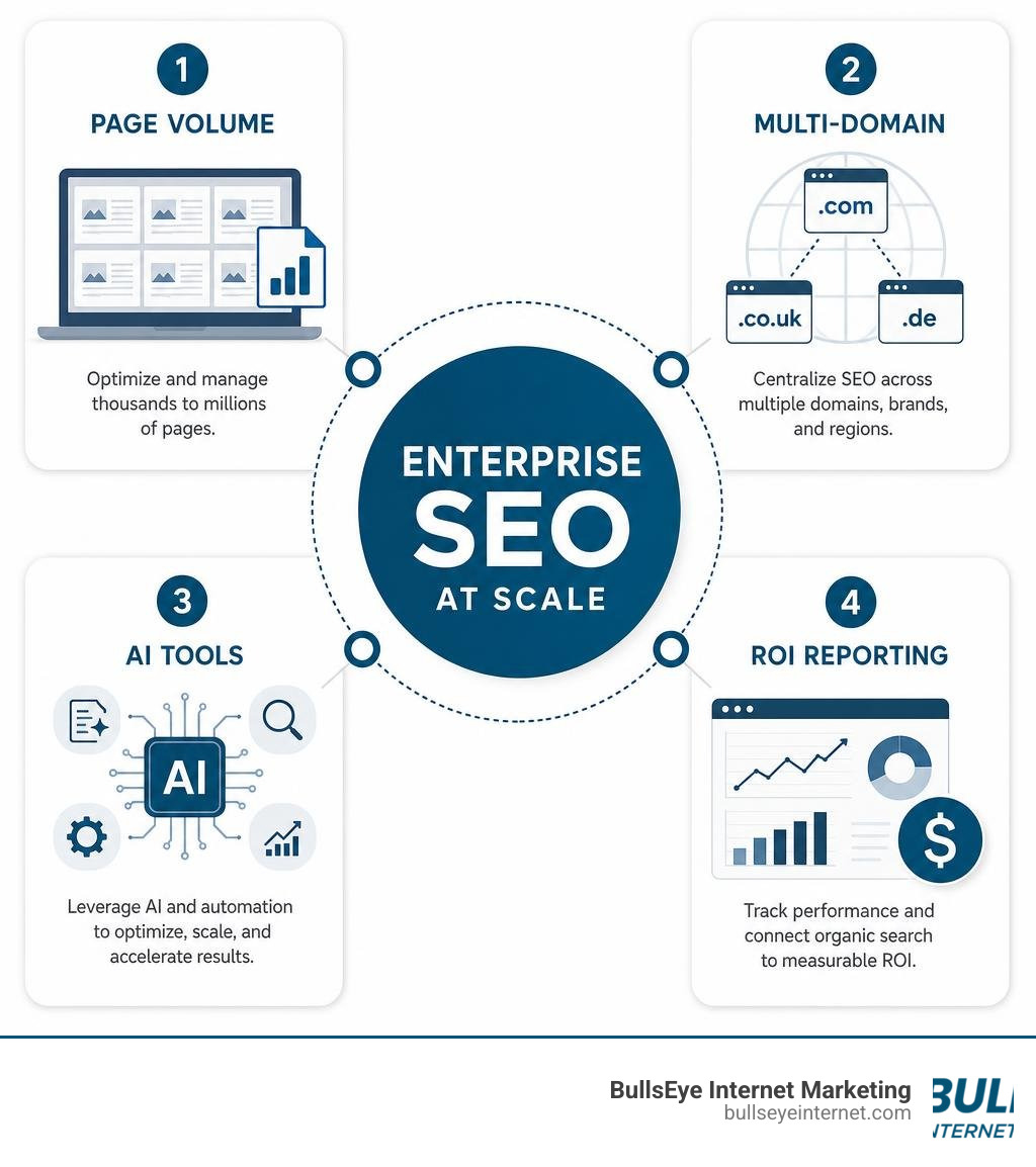 Infographic showing enterprise SEO scale components: page volume, multi-domain, AI tools, ROI reporting infographic
