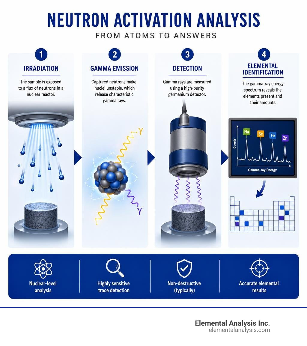 Neutron activation analysis process: irradiation, gamma emission, detection, and elemental identification infographic Neutron activation analysis process: irradiation, gamma emission, detection, and elemental identification infographic