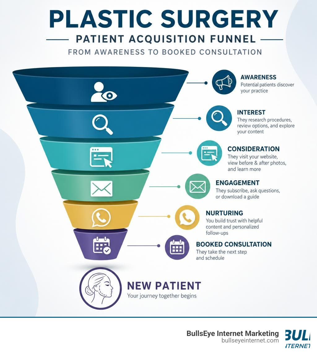 Plastic surgery patient acquisition funnel from awareness to booked consultation infographic Plastic surgery patient acquisition funnel from awareness to booked consultation infographic