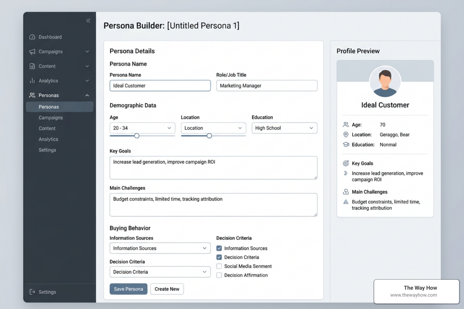 HubSpot Make My Persona AI tool interface showing persona customization HubSpot Make My Persona AI tool interface showing persona customization
